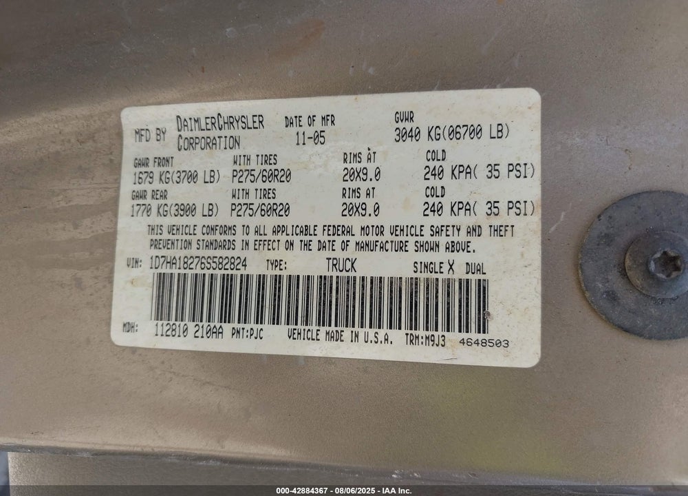 2006 DODGE RAM 1500 SLT VIN: 1D7HA18276S582824
