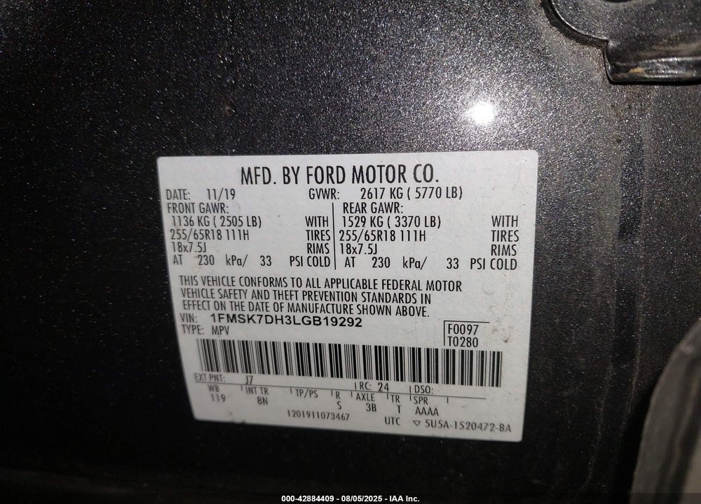 2020 FORD EXPLORER XLT VIN: 1FMSK7DH3LGB19292