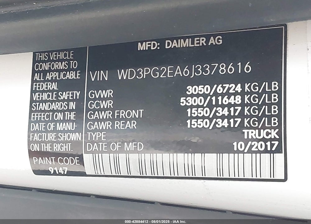 2018 MERCEDES-BENZ METRIS VIN: WD3PG2EA6J3378616
