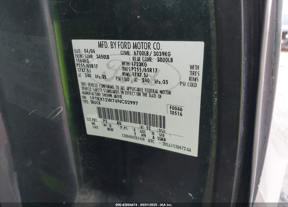 2004 FORD F-150 STX/XL/XLT VIN: 1FTRX12W74NC02997