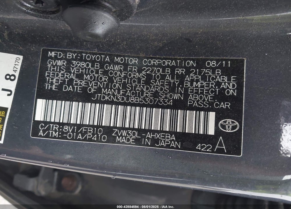 2011 TOYOTA PRIUS THREE VIN: JTDKN3DU8B5307334