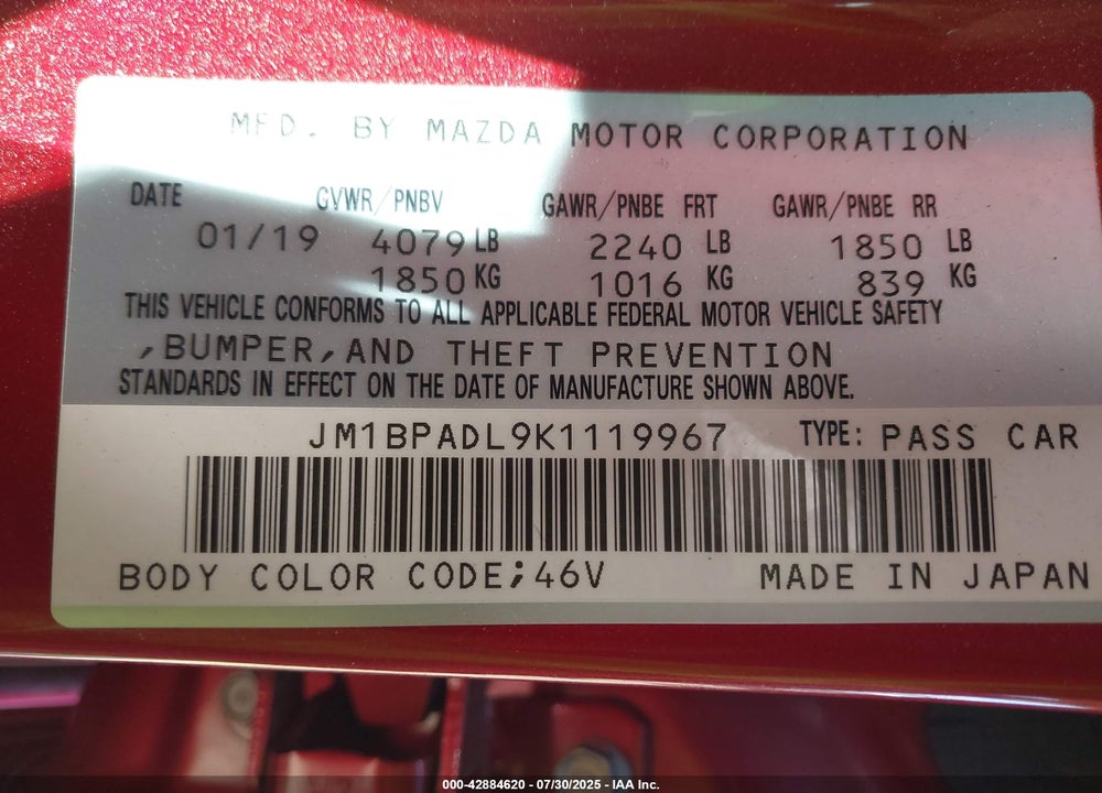 2019 MAZDA 3 PREFERRED PACKAGE VIN: JM1BPADL9K1119967