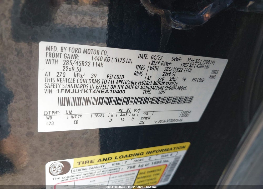 2022 FORD EXPEDITION VIN: 1FMJU1KT4NEA10400