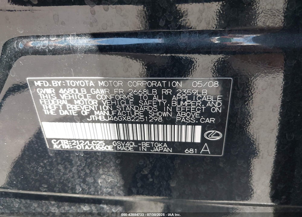 2008 LEXUS ES350 VIN: JTHBJ46GX82251298
