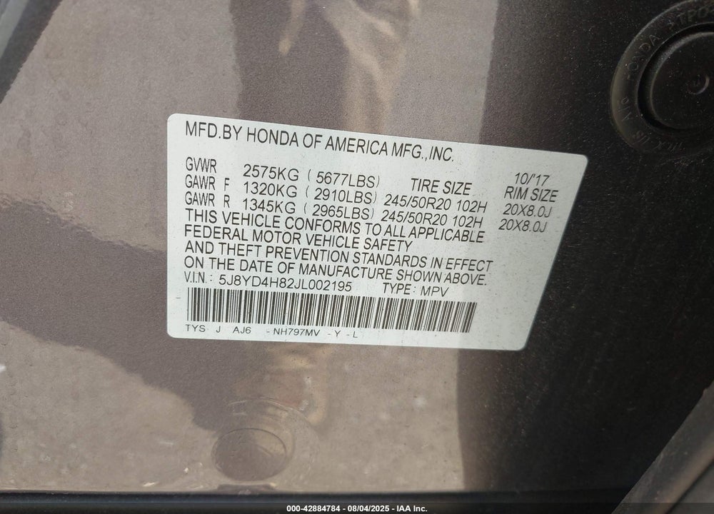 2018 ACURA MDX VIN: 5J8YD4H82JL002195