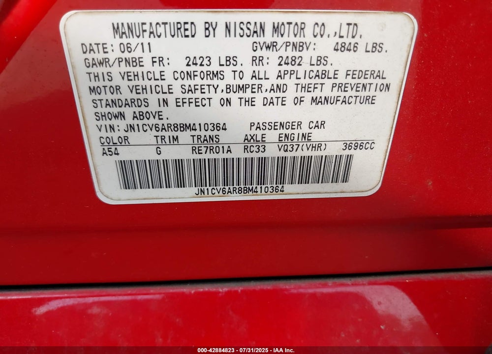 2011 INFINITI G37X VIN: JN1CV6AR8BM410364