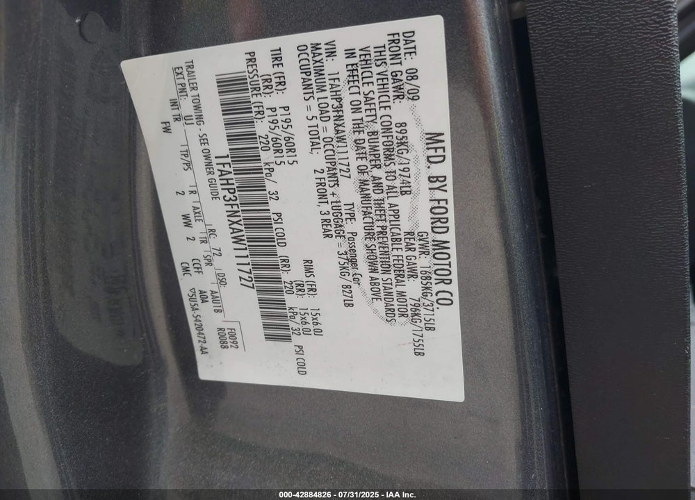2010 FORD FOCUS VIN: 1FAHP3FNXAW111727