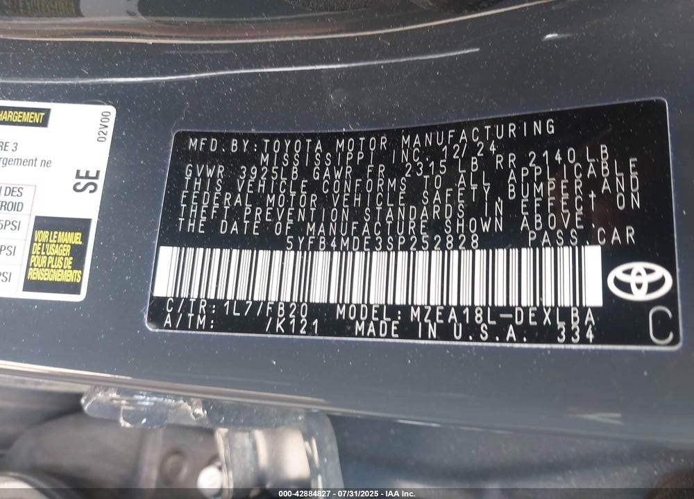 2025 TOYOTA COROLLA VIN: 5YFB4MDE3SP252828