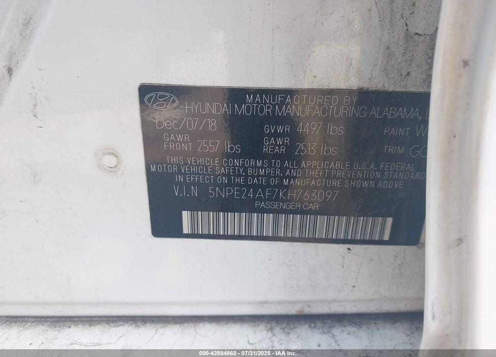 2019 HYUNDAI SONATA VIN: 5NPE24AF7KH763097
