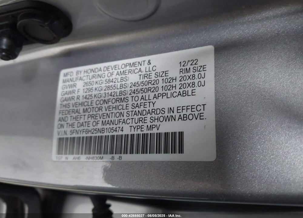 2022 HONDA PILOT VIN: 5FNYF6H25NB105474