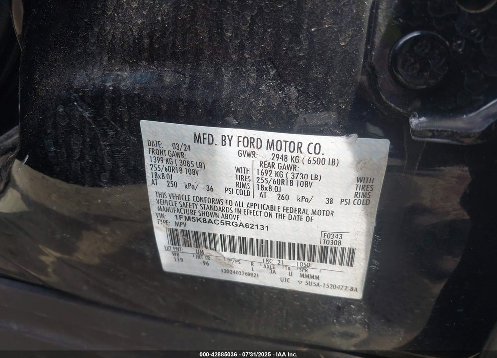 2024 FORD POLICE INTERCEPTOR UTILITY VIN: 1FM5K8AC5RGA62131