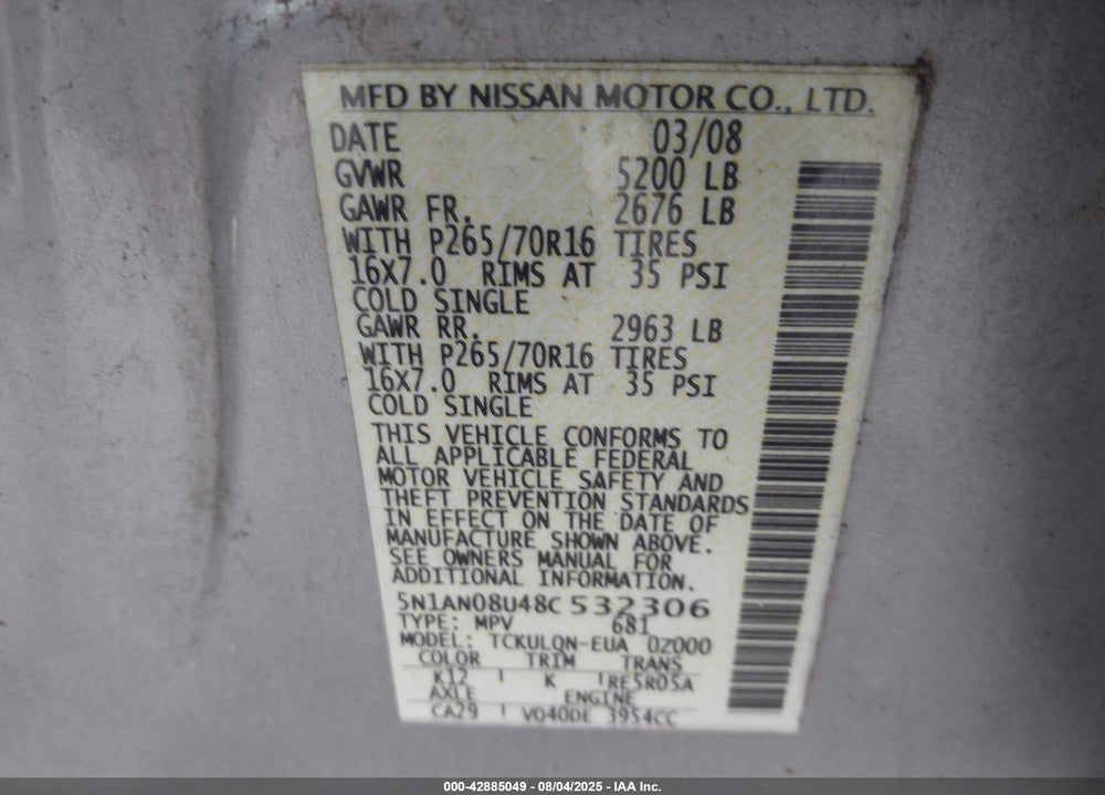 2008 NISSAN XTERRA X VIN: 5N1AN08U48C532306