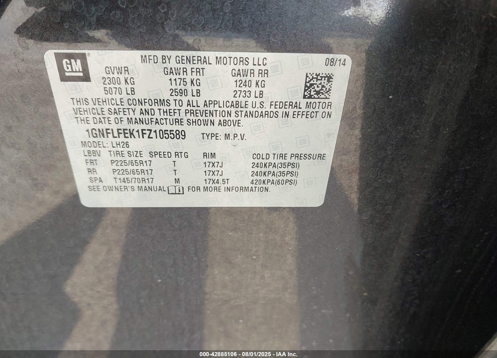 2015 CHEVROLET EQUINOX VIN: 1GNFLFEK1FZ105589