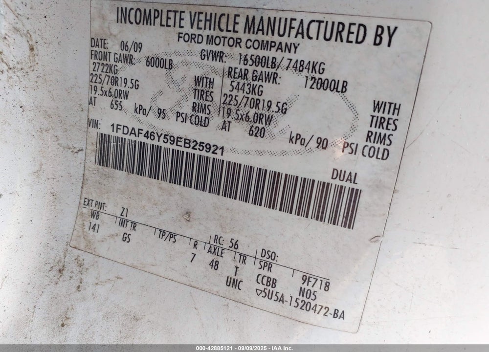 2009 FORD F-450 CHASSIS VIN: 1FDAF46Y59EB25921