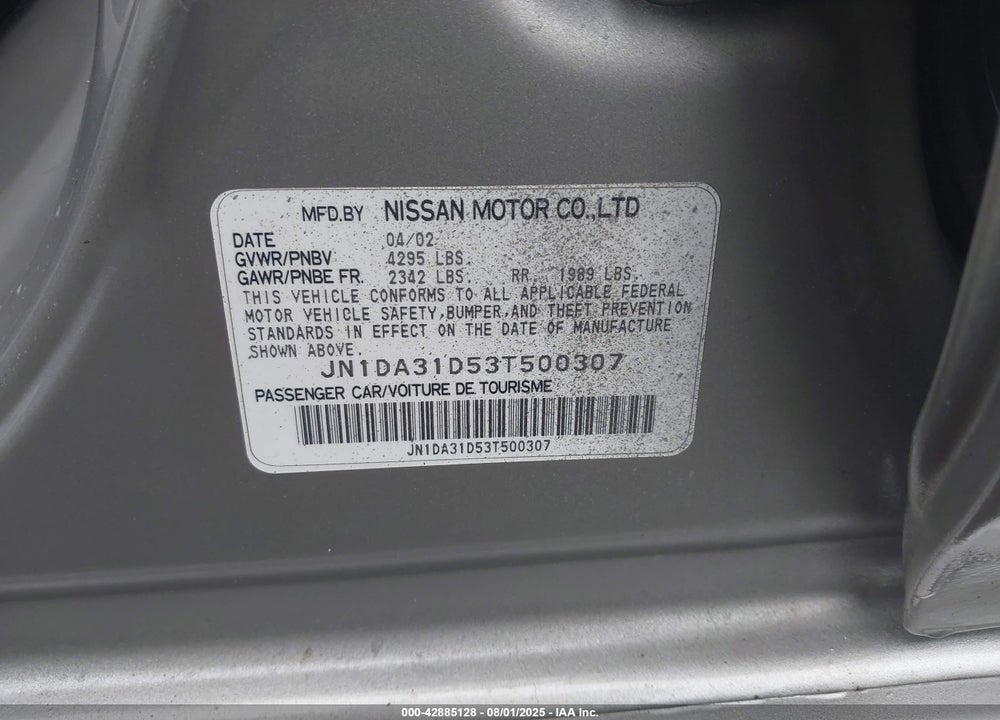 2003 NISSAN MAXIMA SE VIN: JN1DA31D53T500307