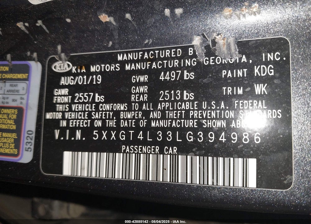 2020 KIA OPTIMA VIN: 5XXGT4L33LG394986