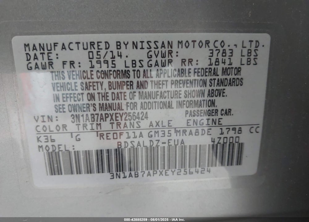 2014 NISSAN SENTRA VIN: 3N1AB7APXEY256424