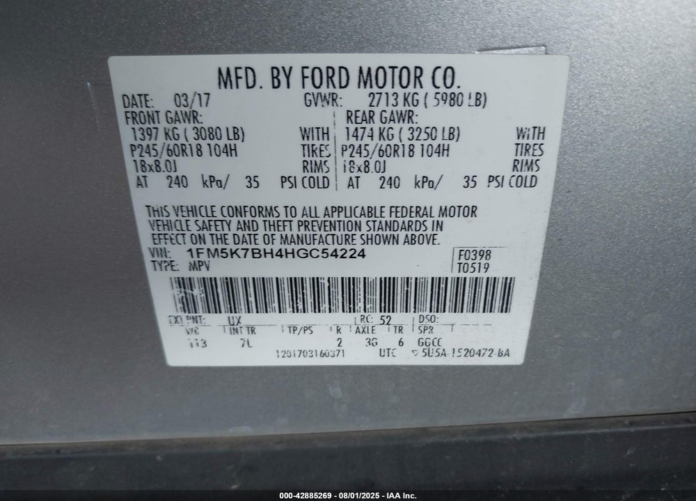 2017 FORD EXPLORER VIN: 1FM5K7BH4HGC54224