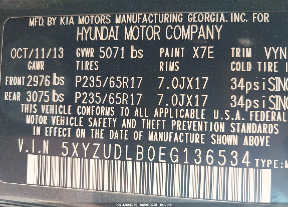 2014 HYUNDAI SANTA FE VIN: 5XYZUDLB0EG136534
