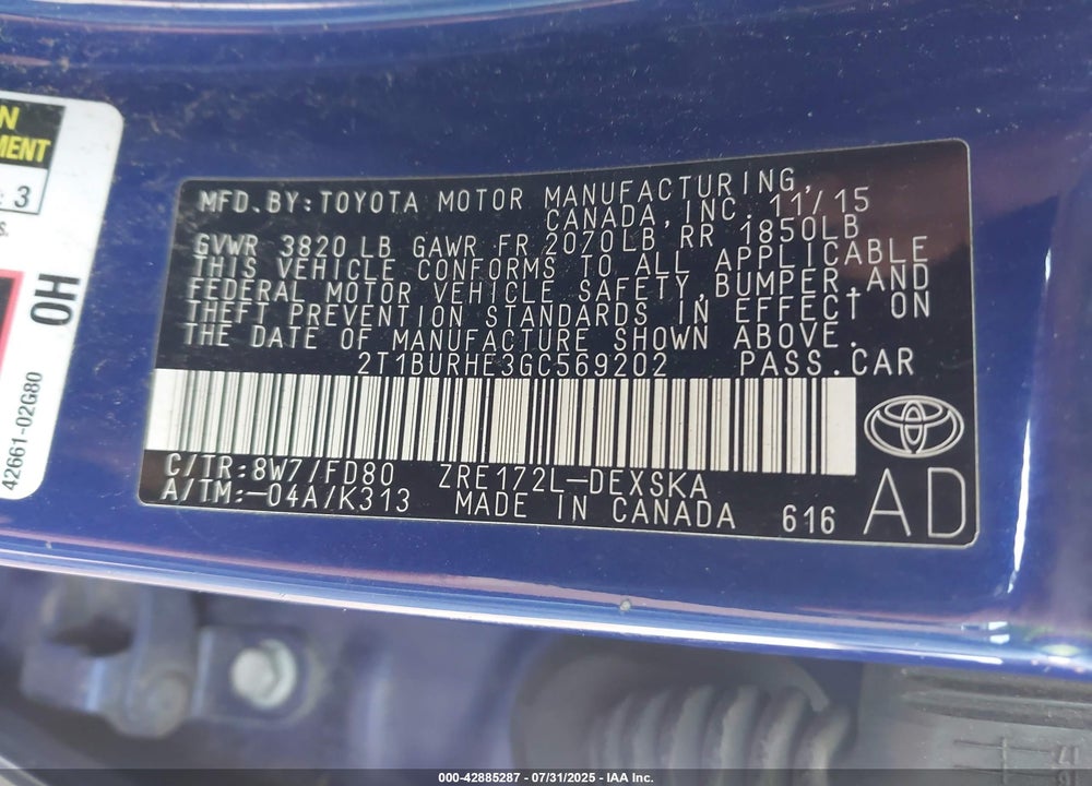 2016 TOYOTA COROLLA VIN: 2T1BURHE3GC569202