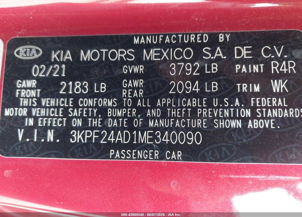 2021 KIA FORTE VIN: 3KPF24AD1ME340090