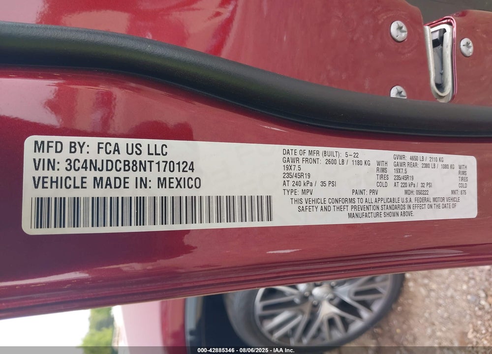 2022 JEEP COMPASS VIN: 3C4NJDCB8NT170124