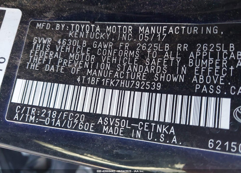 2017 TOYOTA CAMRY VIN: 4T1BF1FK7HU792539