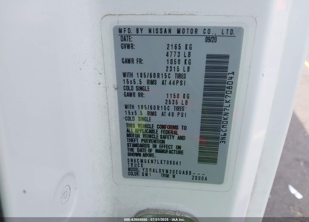 2020 NISSAN NV200  CARGO S XTRONIC CVT VIN: 3N6CM0KN7LK708041