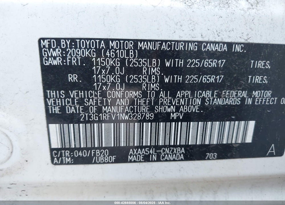 2022 TOYOTA RAV4 VIN: 2T3G1RFV1NW328789