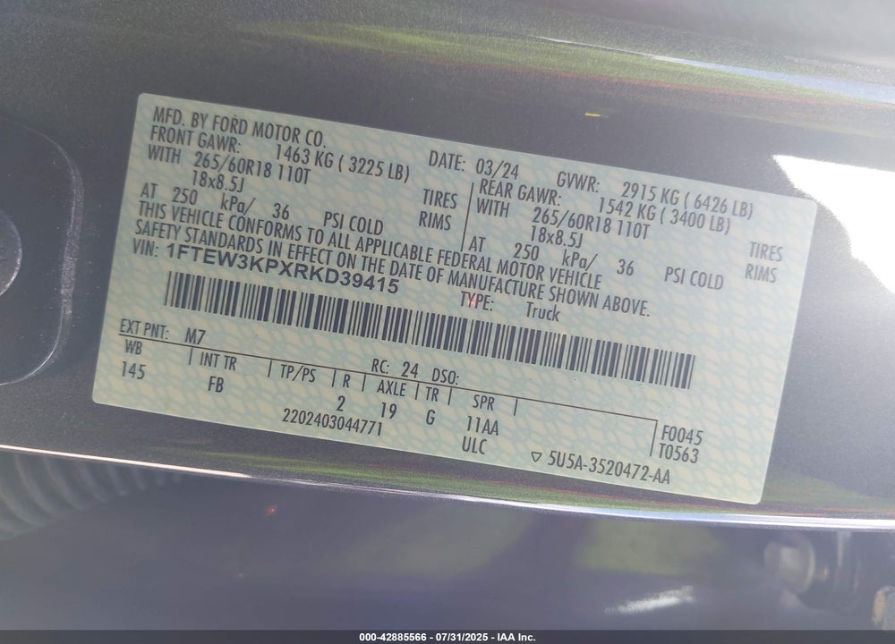 2024 FORD F-150 VIN: 1FTEW3KPXRKD39415