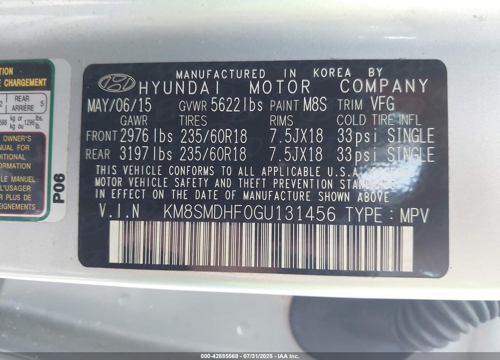 2016 HYUNDAI SANTA FE VIN: KM8SMDHF0GU131456