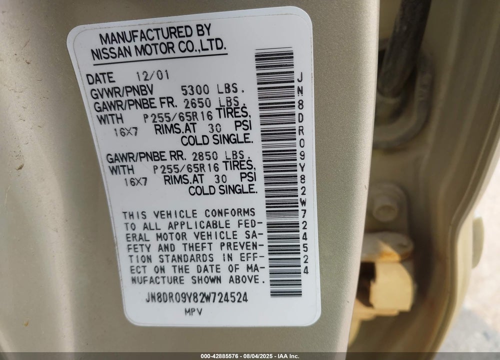 2002 NISSAN PATHFINDER SE VIN: JN8DR09Y82W724524