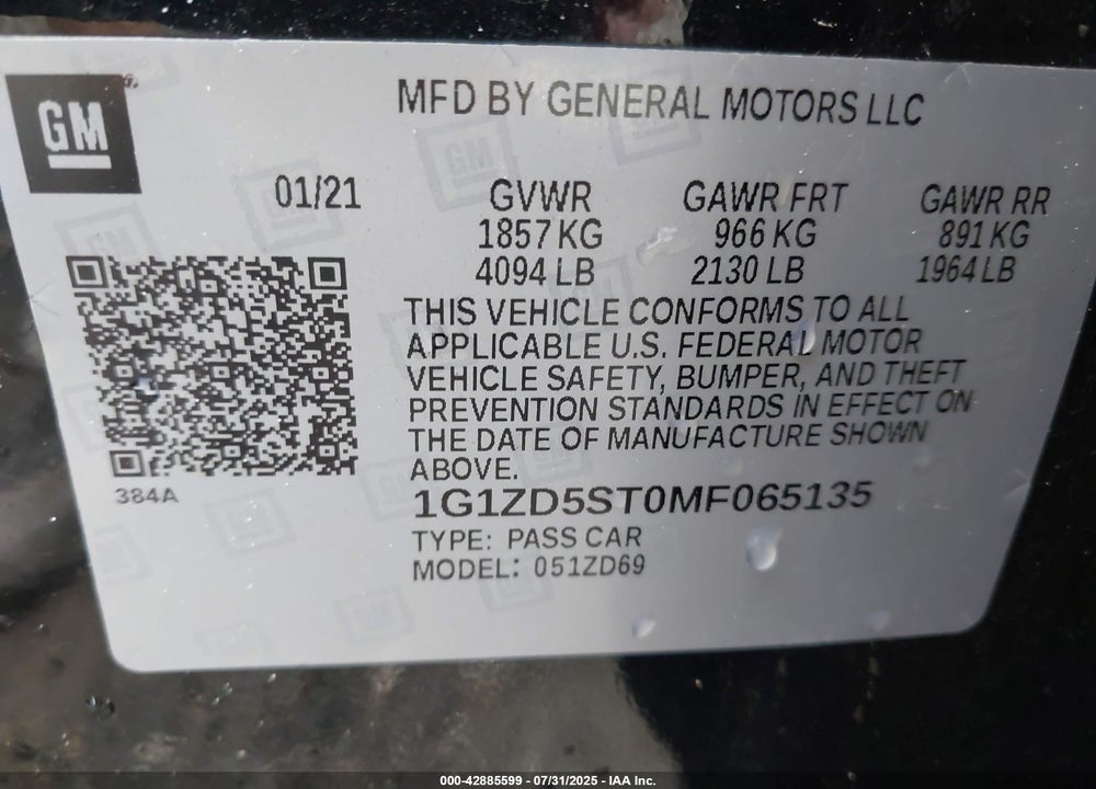 2021 CHEVROLET MALIBU VIN: 1G1ZD5ST0MF065135