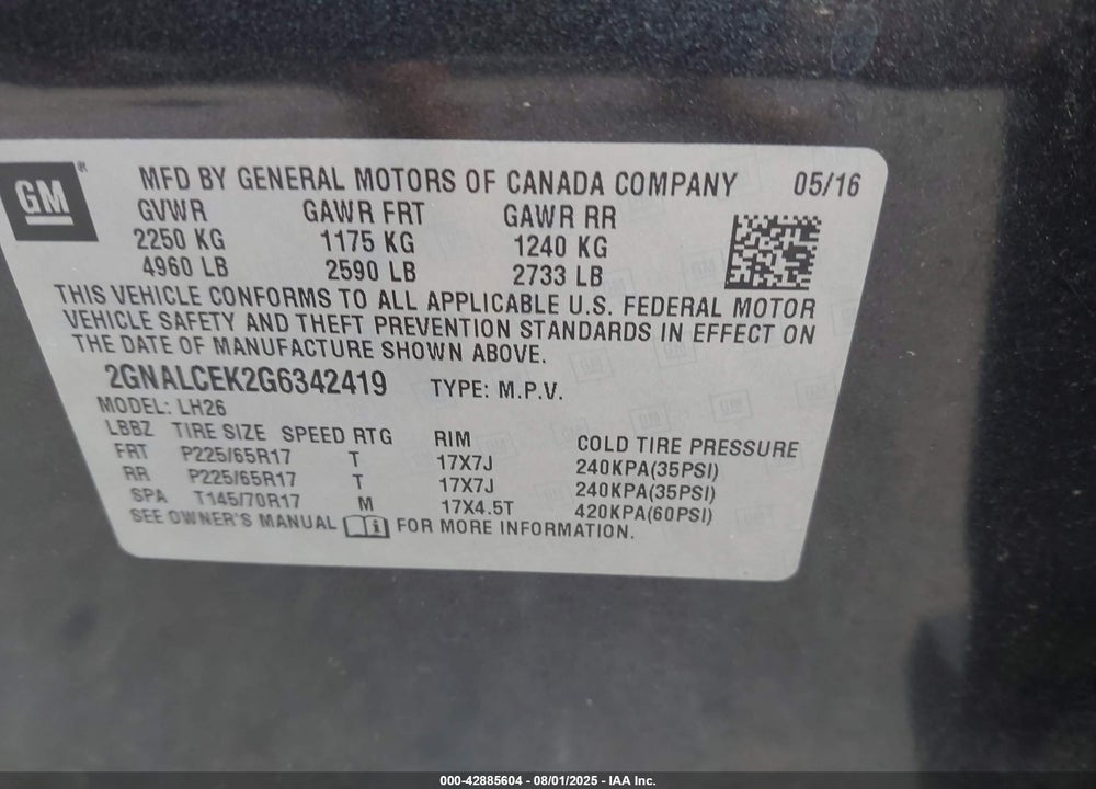 2016 CHEVROLET EQUINOX VIN: 2GNALCEK2G6342419