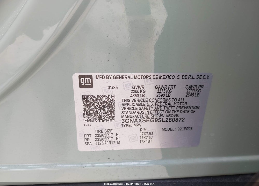 2025 CHEVROLET EQUINOX VIN: 3GNAXSEG9SL280872