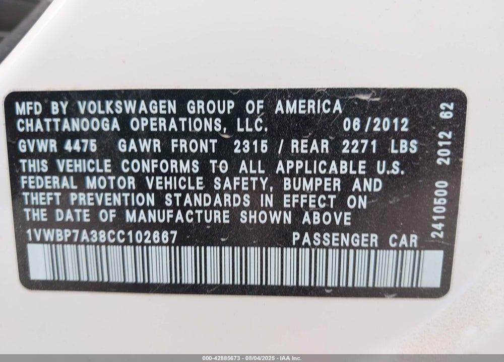 2012 VOLKSWAGEN PASSAT VIN: 1VWBP7A38CC102667