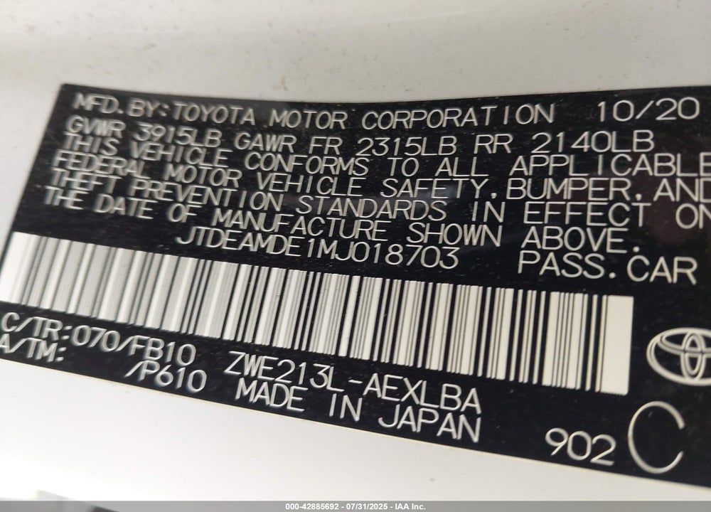 2021 TOYOTA COROLLA VIN: JTDEAMDE1MJ018703
