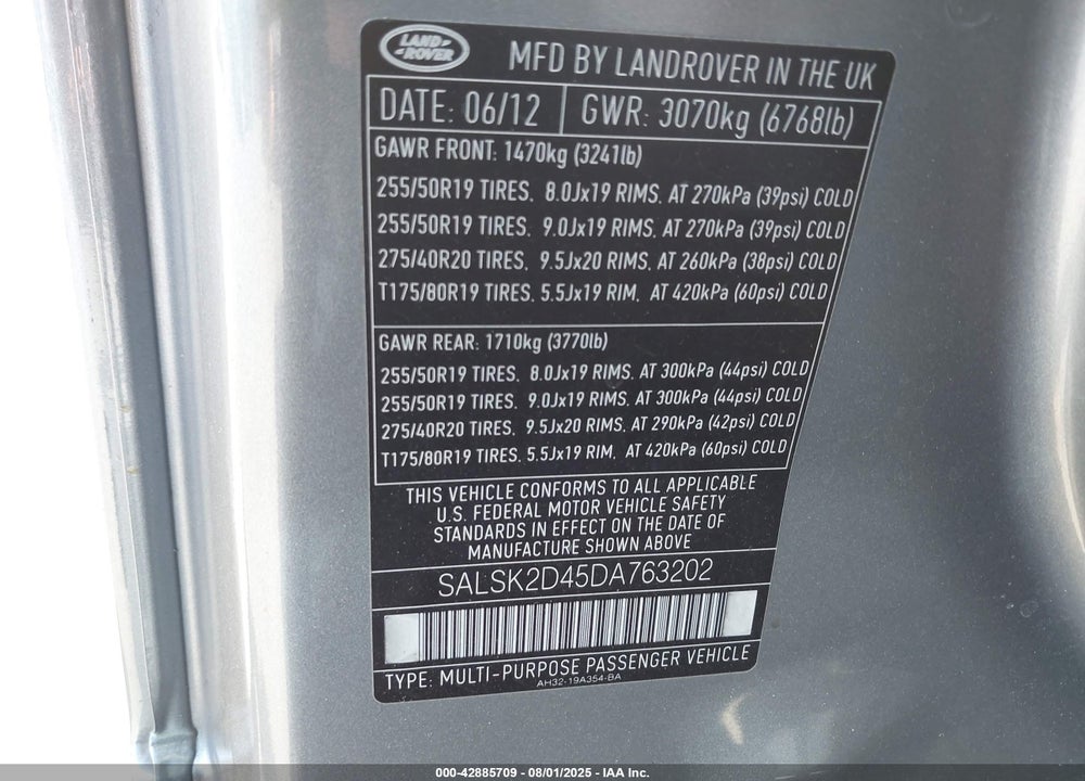 2013 LAND ROVER RANGE ROVER SPORT VIN: SALSK2D45DA763202