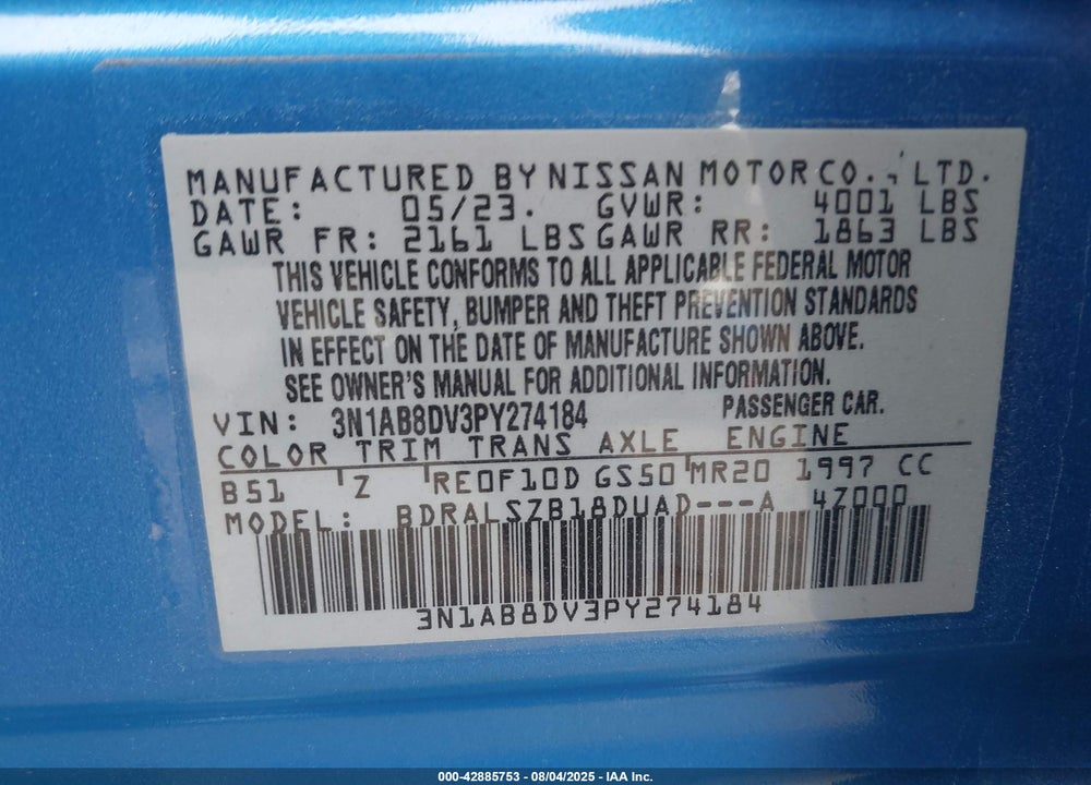 2023 NISSAN SENTRA VIN: 3N1AB8DV3PY274184