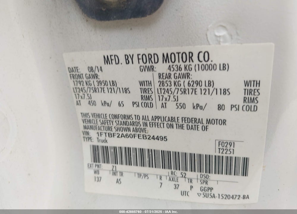 2015 FORD F-250 VIN: 1FTBF2A60FEB24495