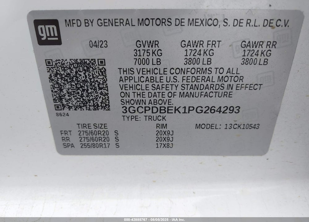 2023 CHEVROLET SILVERADO 1500 VIN: 3GCPDBEK1PG264293