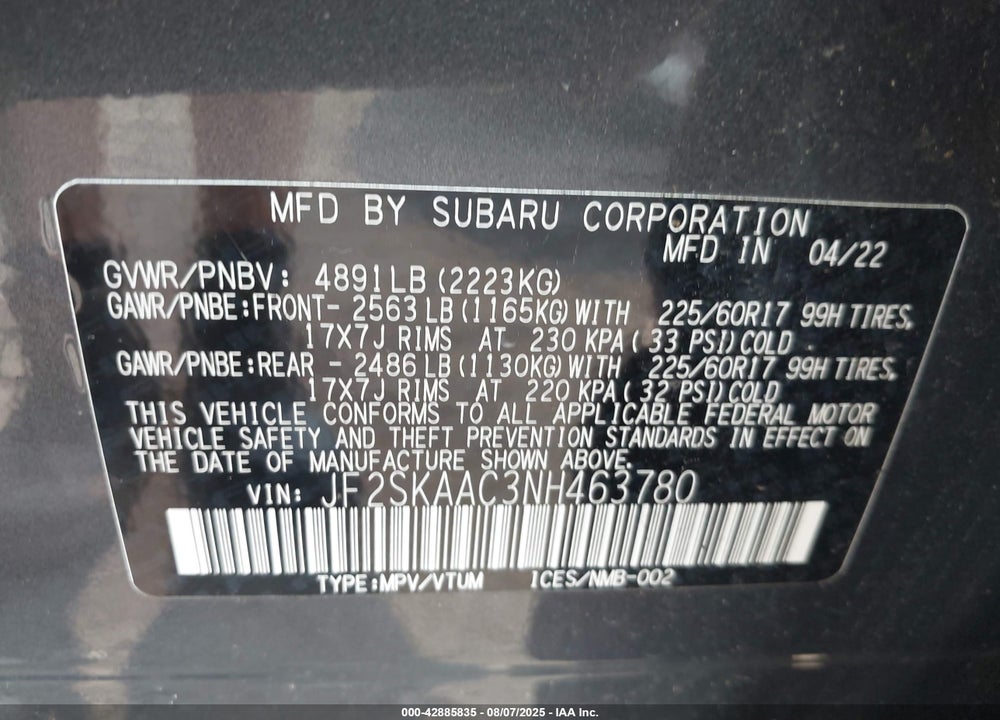 2022 SUBARU FORESTER VIN: JF2SKAAC3NH463780