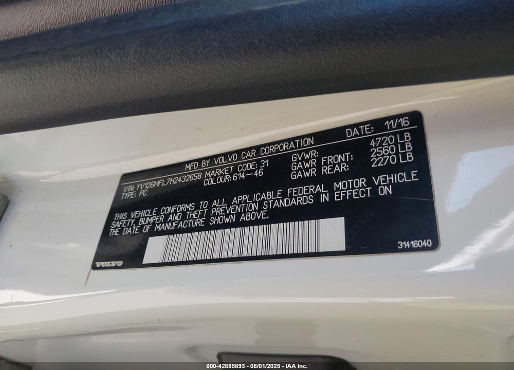 2017 VOLVO S60 VIN: YV126MFL7H2432658