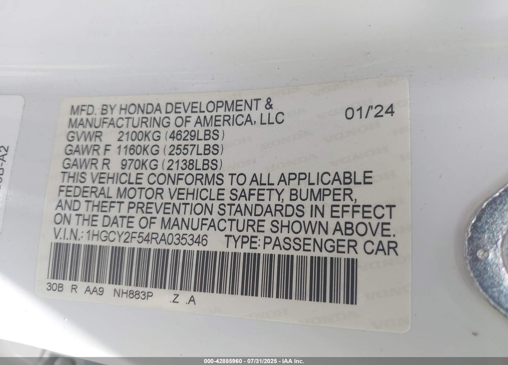 2024 HONDA ACCORD HYBRID SPORT VIN: 1HGCY2F54RA035346