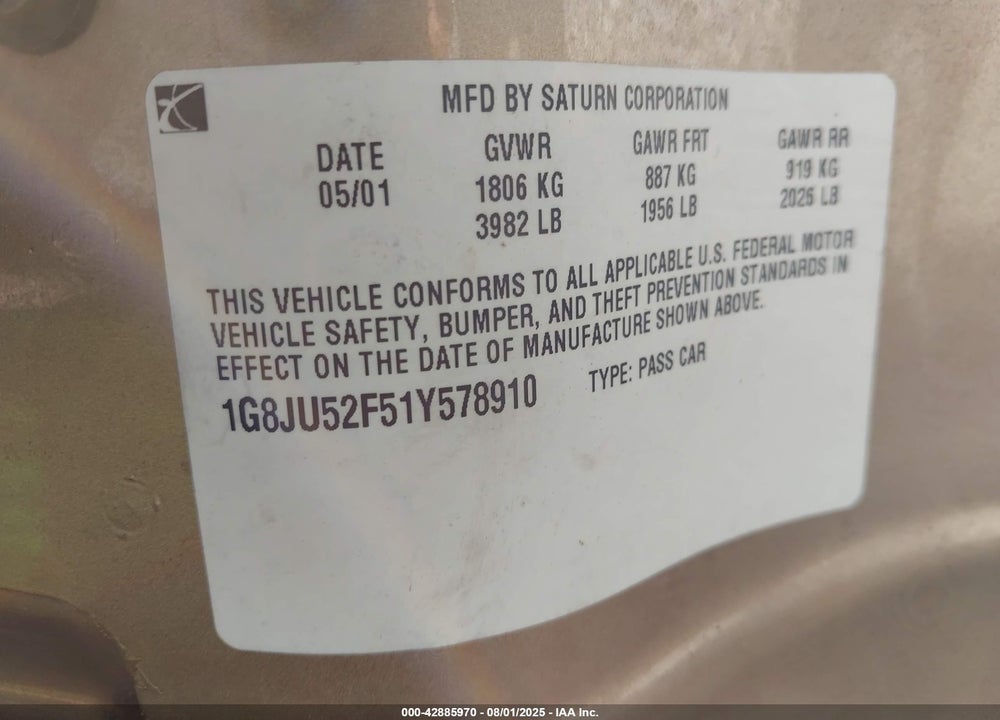2001 SATURN L200 VIN: 1G8JU52F51Y578910
