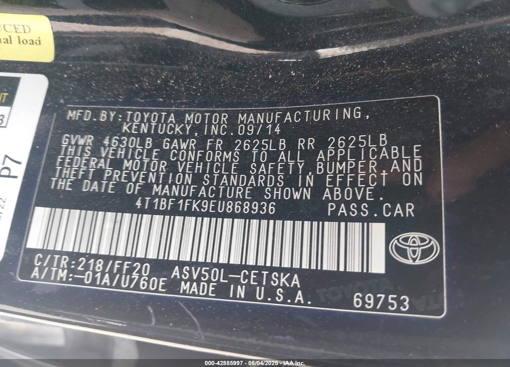 2014 TOYOTA CAMRY SE VIN: 4T1BF1FK9EU868936