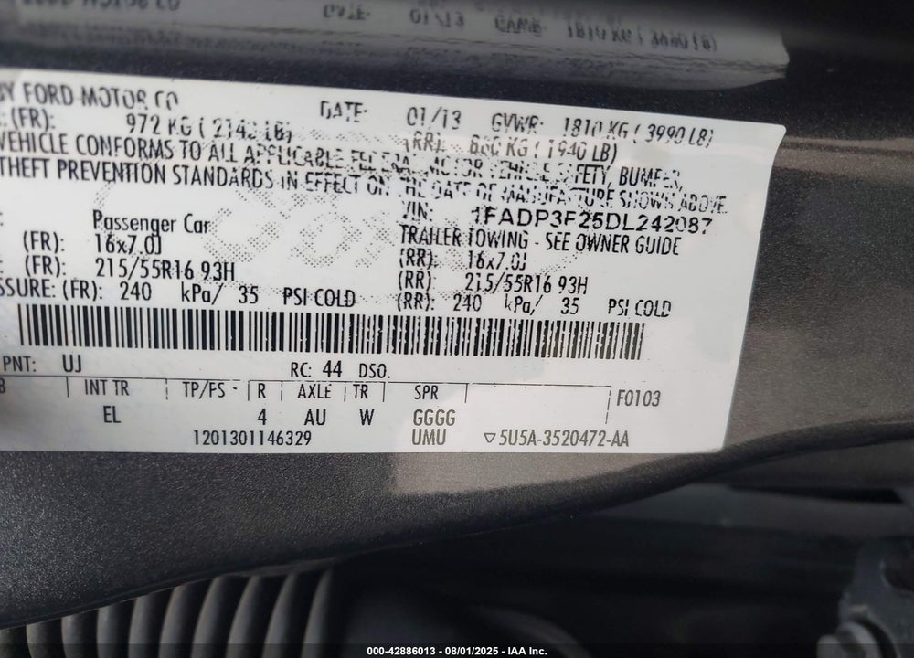 2013 FORD FOCUS VIN: 1FADP3F25DL242087