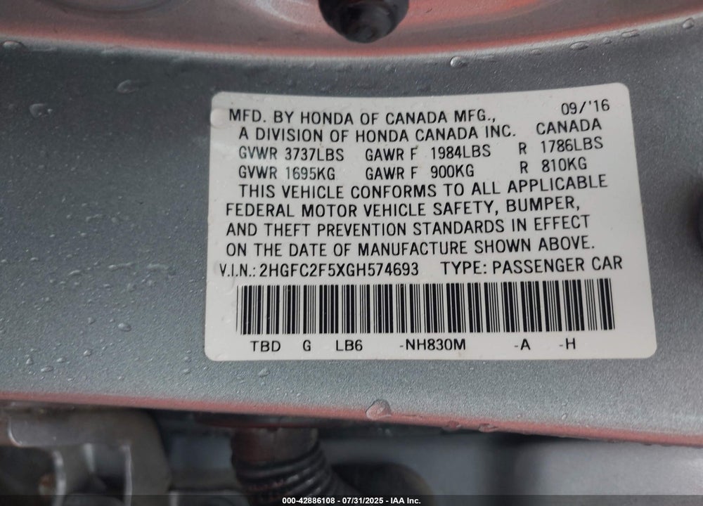 2016 HONDA CIVIC VIN: 2HGFC2F5XGH574693