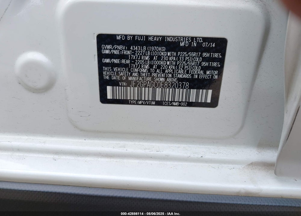 2014 SUBARU XV CROSSTREK VIN: JF2GPAGC0E8320378