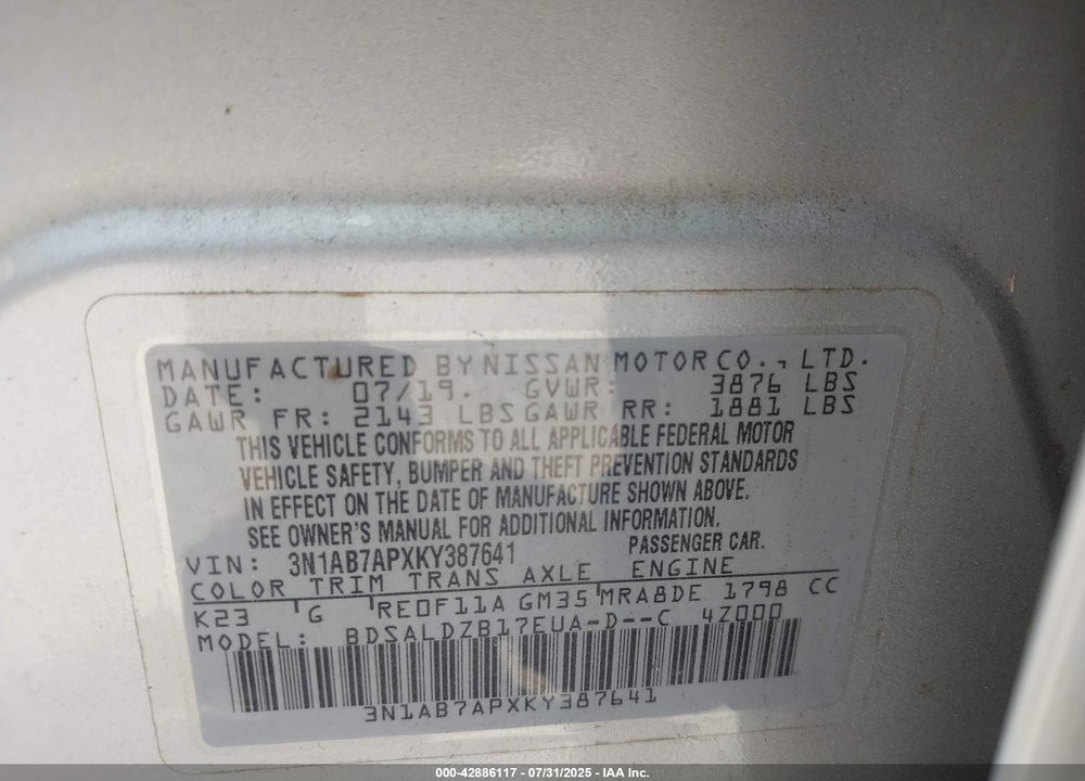 2019 NISSAN SENTRA VIN: 3N1AB7APXKY387641